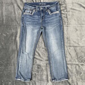 Grace In LA Jeans Womens 27 Blue Medium Wash Straight Distressed Rhinestone